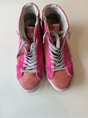 Authentic Golden Goose Pink & Coral High-Top Slide Sneakers